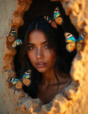 The primary subject of the image is a woman with long hair, who is surrounded by a variety of butterflies. The setting is a rocky outdoor environment, with the woman standing in front of a rock wall. The visual style of the image is a combination of photo and digital art, creating a unique and artistic representation of the woman and the butterflies. The colors and mood of the image are vibrant and lively, with the butterflies adding a sense of beauty and tranquility to